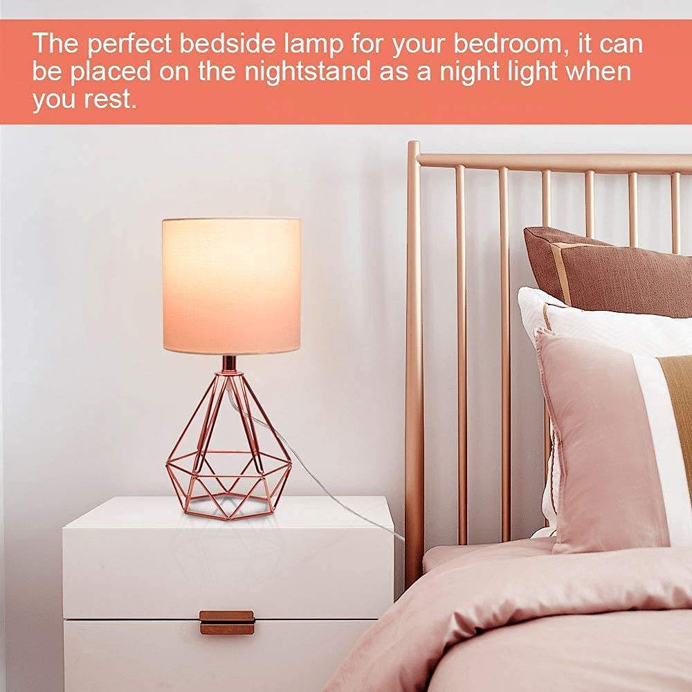 Modern Geometric Table Lamp with Rose Gold Hollowed Metal Base & Fabric Shade - 5W E26 Warm LED Bulb Included - Bedside Nightstand Lamp for Bedroom, Living Room & Office Decor - Perfect for Reading, Relaxing & Ambient Lighting