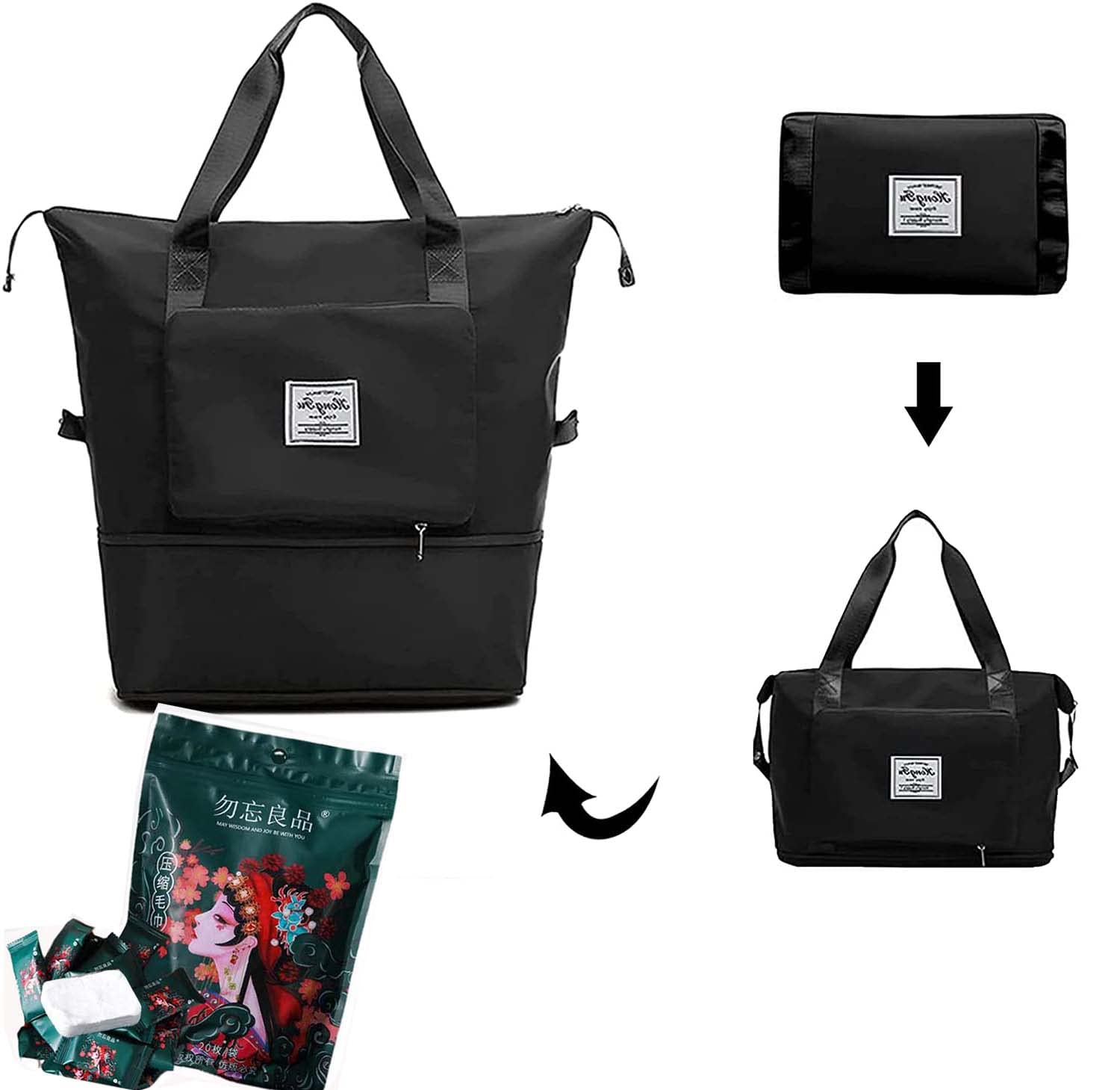 Large Expandable Travel Duffel Bag for Women - 50L Folding Gym Bag with Wet Pocket, Double Shoulder Straps & Weekender Overnight Capacity - Perfect for Sports, Gym, Weekend Trips & Air Travel (Black)
