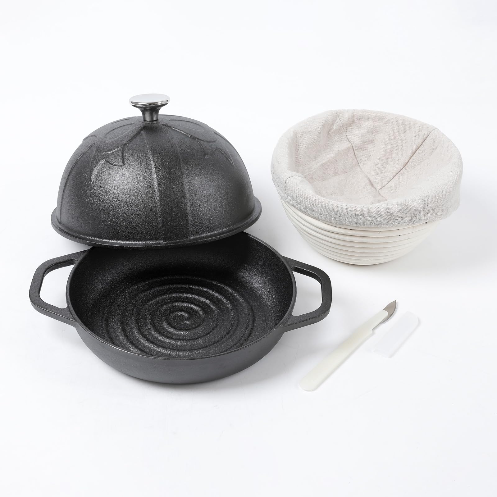 HAWOK 7.8 Inch Pre-Seasoned Cast Iron Bread Cloche with Proofing Basket & Dough Scoring Knife - 20cm Sourdough Baking Pan for Artisan Bread, Dutch Oven Alternative - Perfect for Home Bakers & Bread Making Enthusiasts
