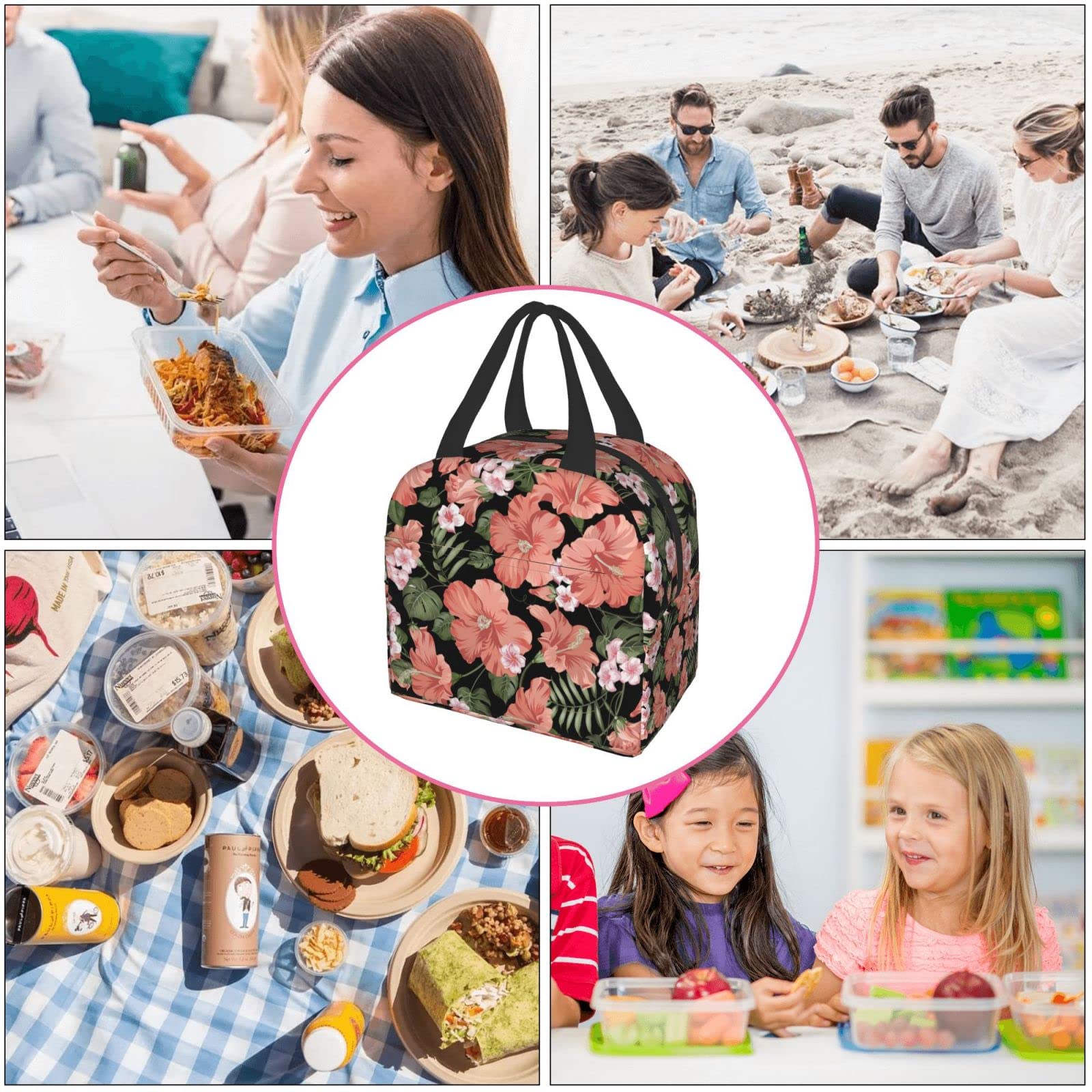 Insulated Lunch Bag with Fancy Flower & Tropical Leaves Design - Reusable Meal Container for Men & Women - Perfect for Work, Travel, Picnic & Outdoor Activities
