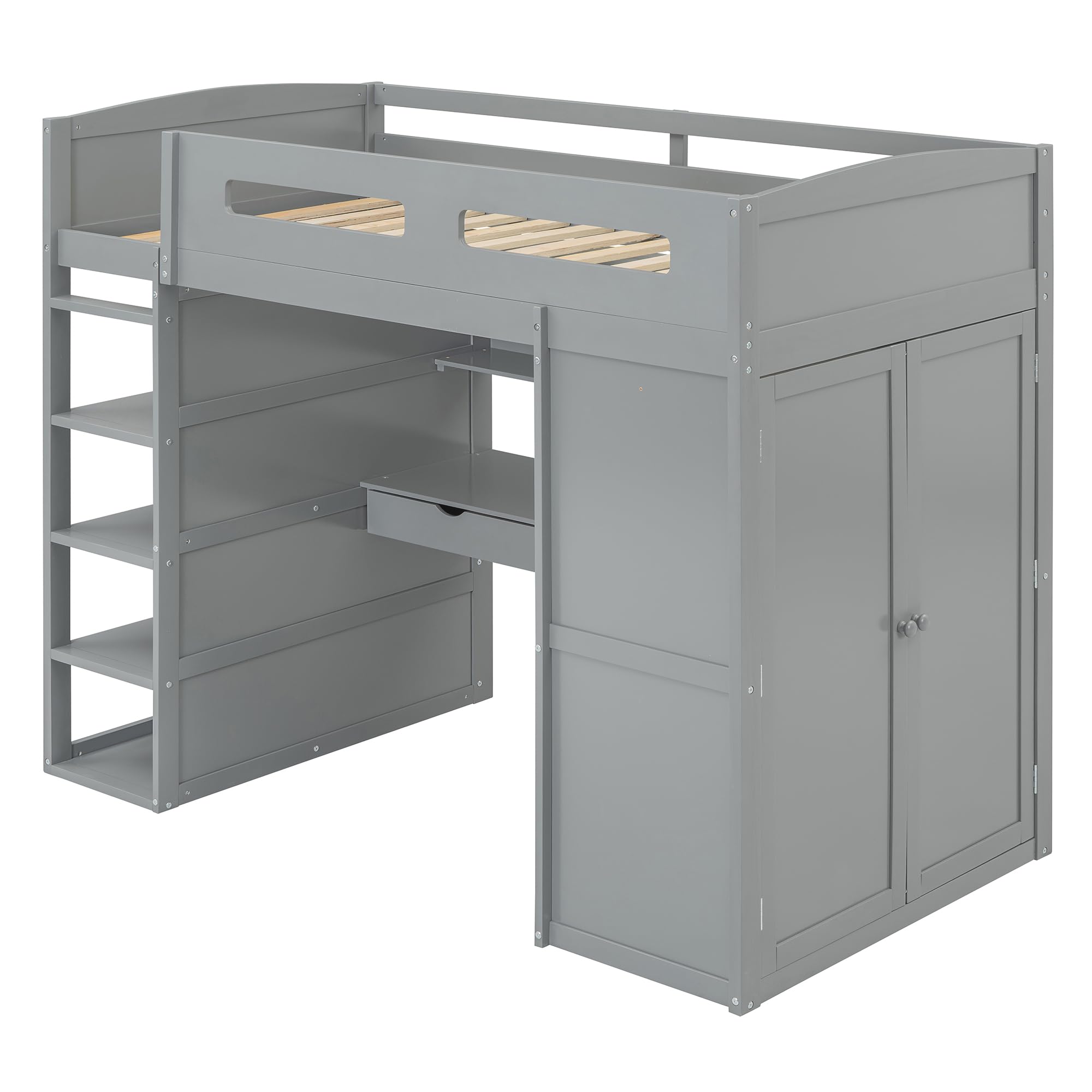 Twin Loft Bed with Desk & Wardrobe - Wooden Kids Bed with Storage for Small Spaces
