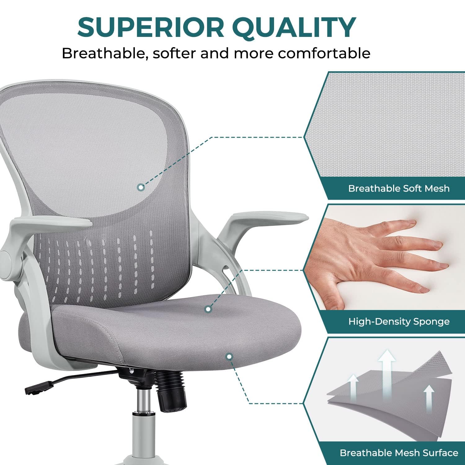 Ergonomic Mesh Office Chair with Lumbar Support - Adjustable Mid-Back Computer Gaming Desk Chair with Flip-Up Arms & Wheels for Home Office, Study Room, Bedroom - Comfortable Swivel Task Chair for Adults & Students (Grey) - Perfect for Long Work Hours, Online Classes & Gaming Sessions