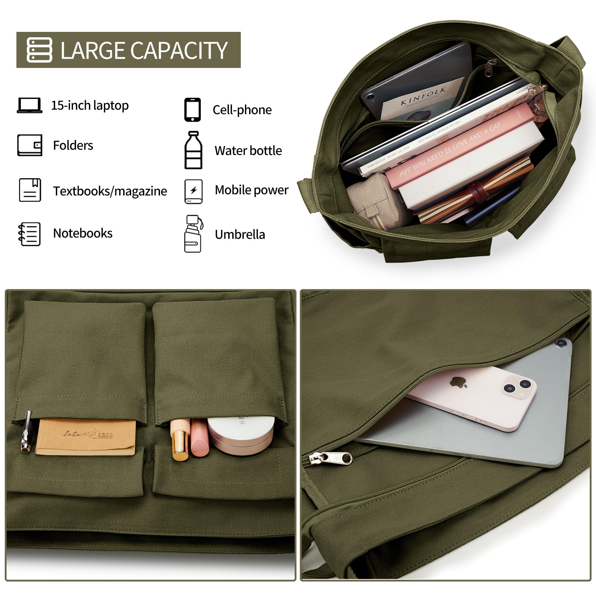 KALIDI Canvas Tote Bag for Women & Men - Large Crossbody Messenger Shoulder Bag - Durable Casual Bag for College, Work & Daily Use - Perfect for Shopping, Travel & Commuting