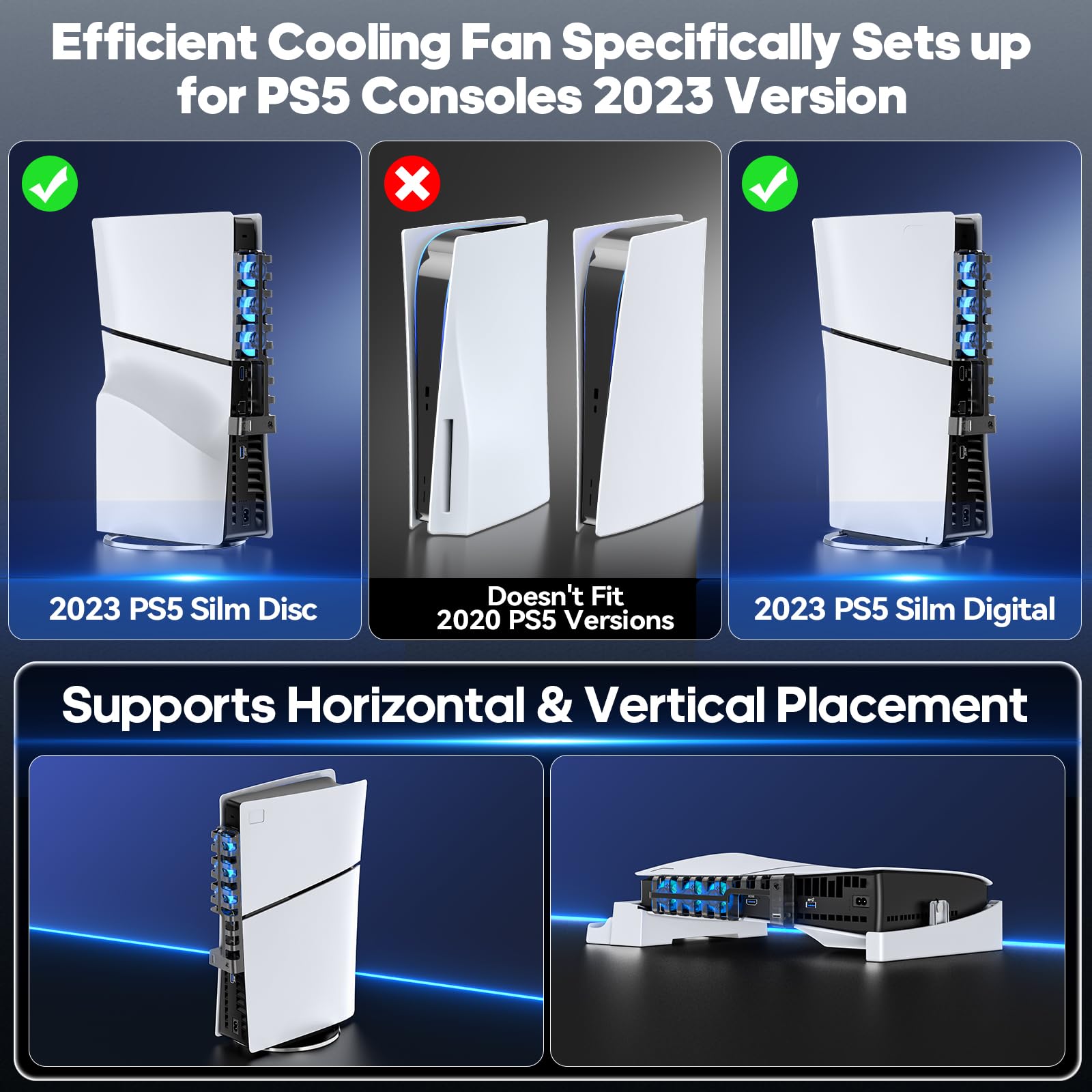 Tokluck PS5 Cooling Fan for 2023 PS5 Slim Version - 3-Speed Quiet USB 2.0 Cooler with Horizontal/Vertical Stand - Enhanced Cooling Accessory for PS5 Gaming Console - Perfect for Long Gaming Sessions & Overheating Prevention