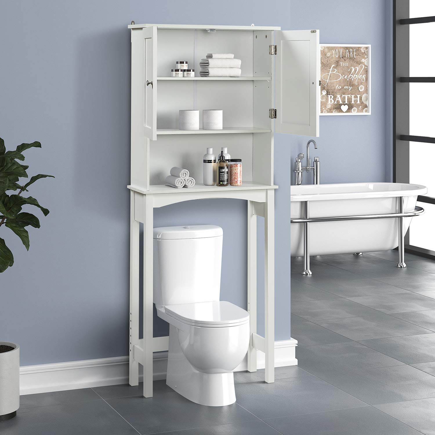 Adjustable Over-The-Toilet Bathroom Storage Cabinet with Shelf - White | Space Saving Organizer for Towels, Toiletries & Bathroom Essentials