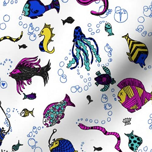 Fishing Fish Sports Playful Bubbles Printed Velvet Upholstery Fabric - Fat Quarter for Home Decor, Apparel & DIY Projects | Water Swimming Stripes Dots Design | Perfect for Curtains, Pillows & Crafting