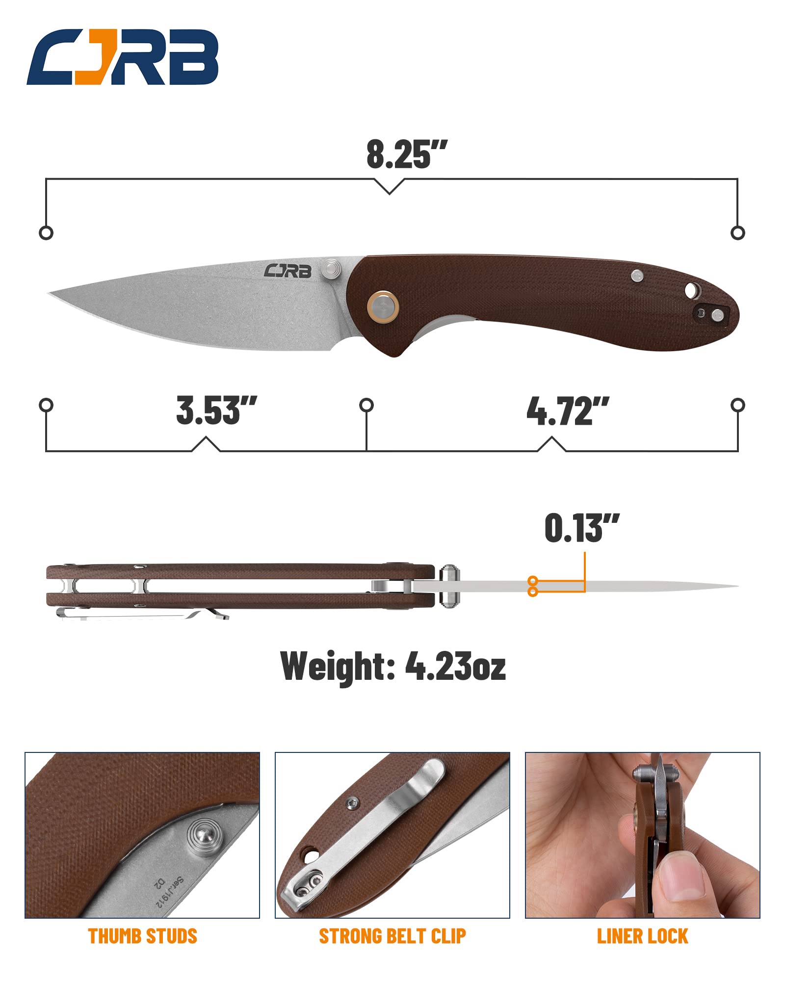 CJRB Feldspar J1912-BNC Large Folding Knife - D2 Steel Blade, G10 Handle - Tactical, Outdoor, EDC, Survival, Camping, Hunting - Perfect for Everyday Carry, Bushcraft & Self-Defense (Brown)
