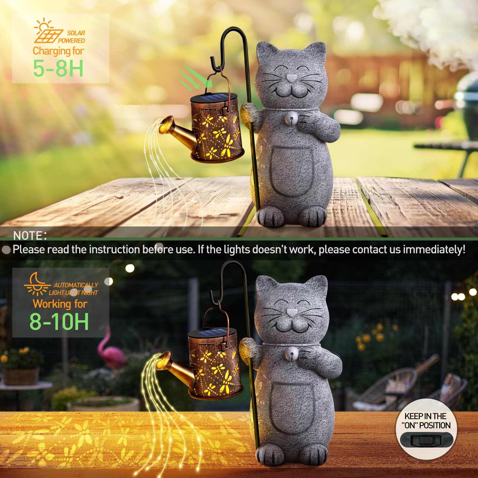 Solar Cat Garden Statue with LED Kettle Light - Unique Mother's Day, Birthday Gift for Women, Grandma, Cat Lovers - Perfect Outdoor Decor for Garden, Patio, Yard & Housewarming
