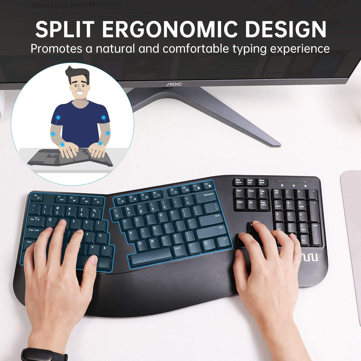 UHURU UEKM-20 Wireless Ergonomic Keyboard and Mouse Combo - Split Design with Palm Rest for Natural Typing, Compatible with Windows & Mac - Perfect for Office Work, Gaming, and Long Typing Sessions