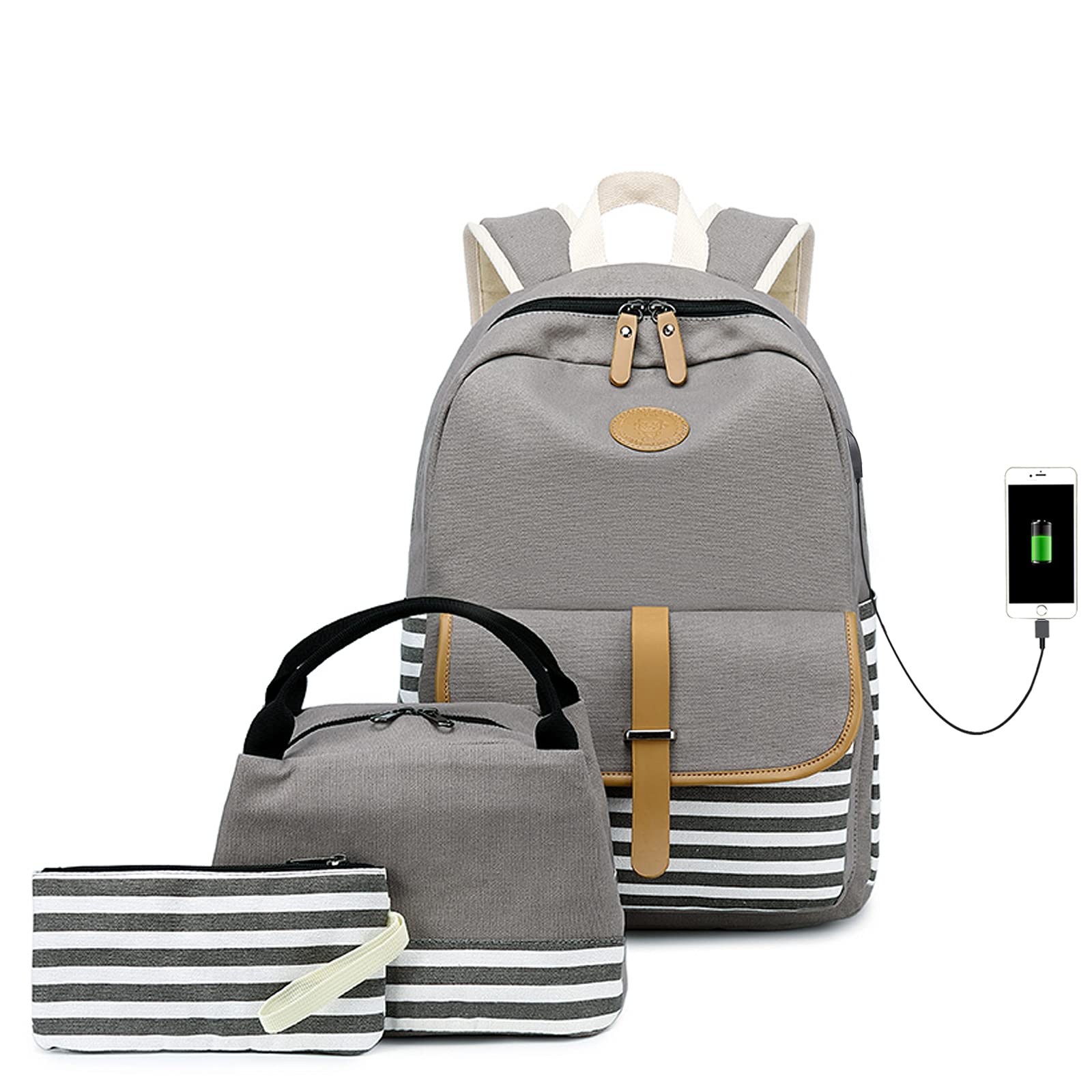 Sunborls Lightweight Backpack for Teen Girls & Women - High Capacity School Bookbag with Lunch Bag & Pencil Case Set (3Pcs, Grey) - Perfect for Middle School, College & Travel