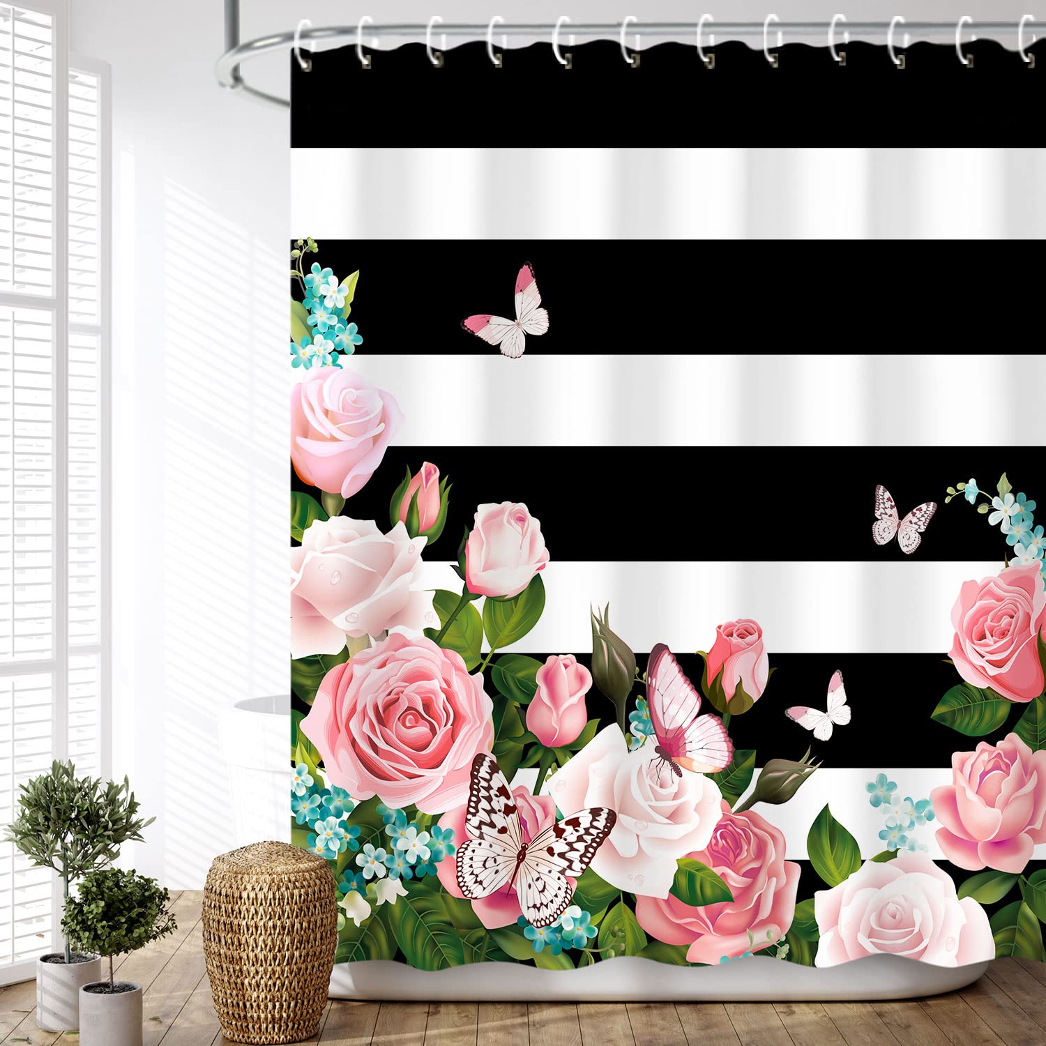 LIVILAN Pink Rose & Butterfly Striped Shower Curtain Set with Hooks - 72x78 Inches Waterproof Bathroom Decor for Girls, Women, Teens - Perfect for Modern, Vintage or Romantic Style Bathrooms
