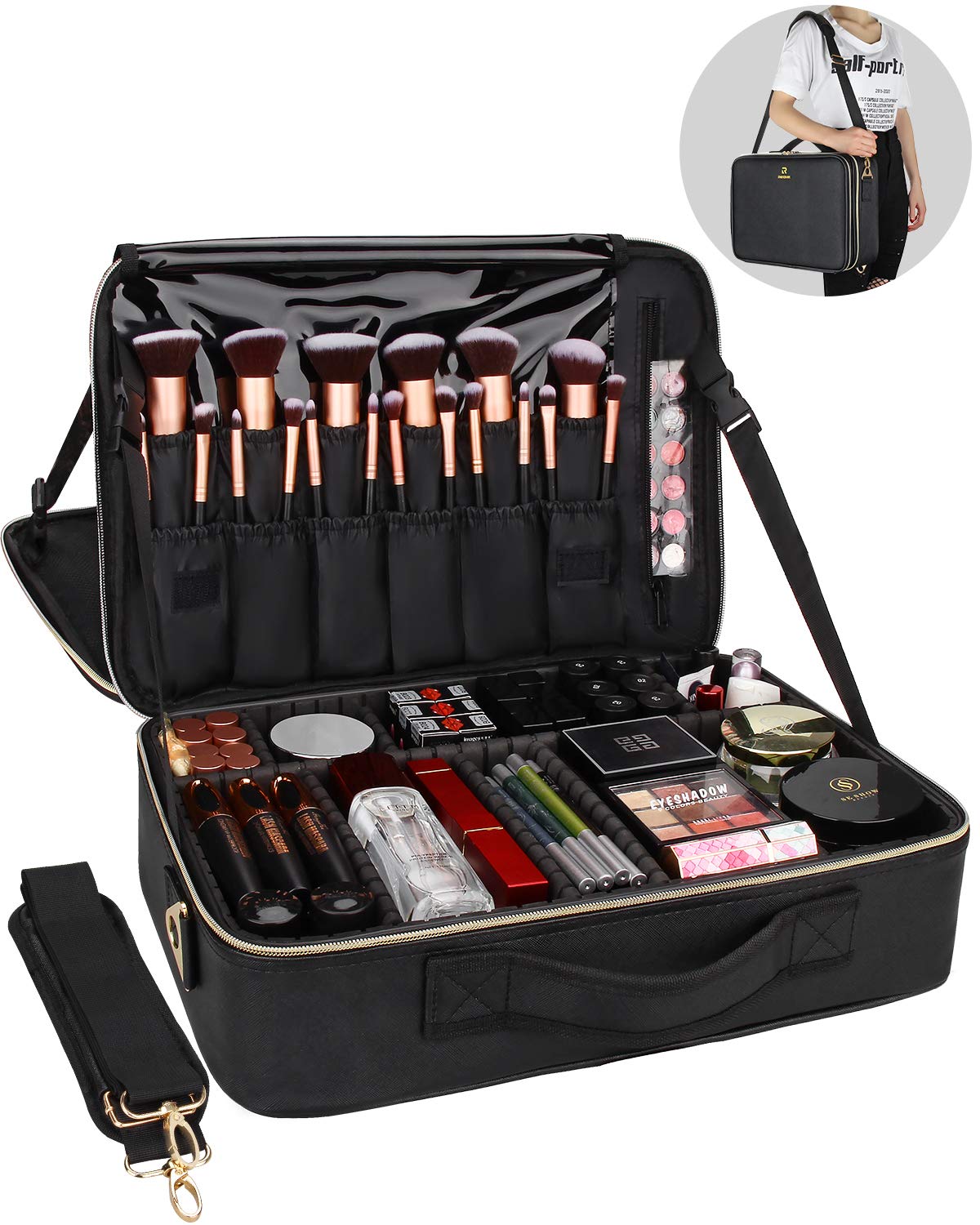 Relavel Professional 16.5 Inch Large Makeup Train Case - Waterproof Cosmetic Organizer with 3 Layers & Adjustable Strap - Perfect for Travel, Salon Use & Makeup Artist Storage