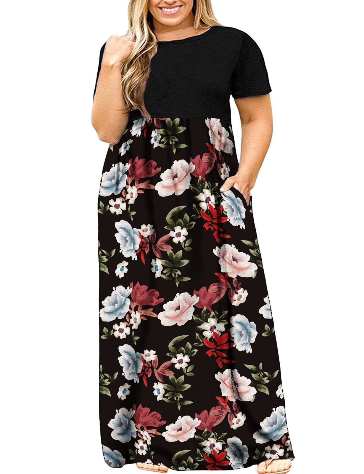 Kancystore Plus Size Women's Short Sleeve Maxi Dress with Pockets - Loose Fit Casual Summer Dress for Beach, Vacation & Everyday Wear