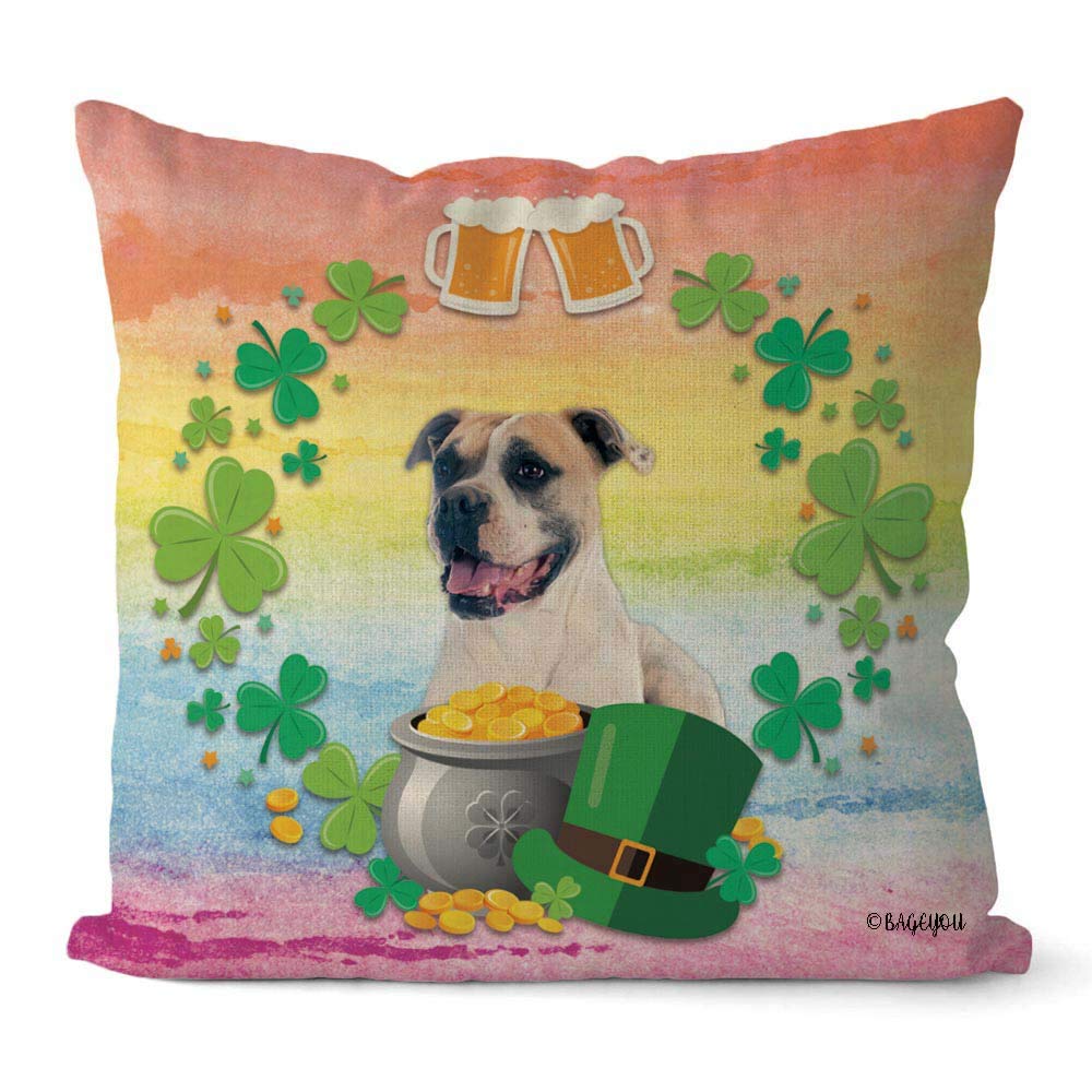 Happy St. Patrick's Day Shamrock Clover Dog Throw Pillow Cover - Cute American Bulldog with Leprechaun, Gold Pot & Coins Design - 18x18 Inch Square Cotton Linen Pillowcase for Couch, Sofa & Home Decor - Perfect for Irish-Themed Parties & Festive Home Styling