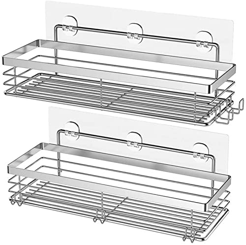 BebLP Adhesive Shower Caddy with 5 Hooks - Rustproof Bathroom Organizer for Razor, Sponge & Toiletries | Space-Saving Shower Storage Solution for Small Bathrooms | Perfect for Apartments, Dorms & RVs