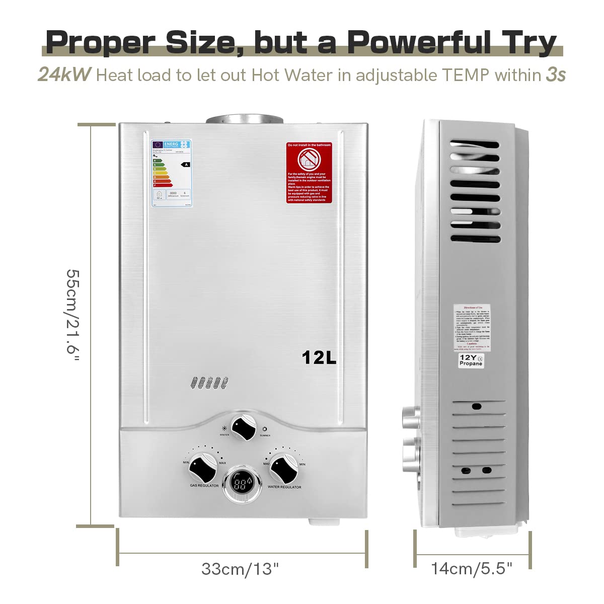 12LPM Gas Water Heater 24KW - Low Water Pressure 0.2 Bar - Works with Propane & Butane - Perfect for Camping, RV & Off-Grid Living