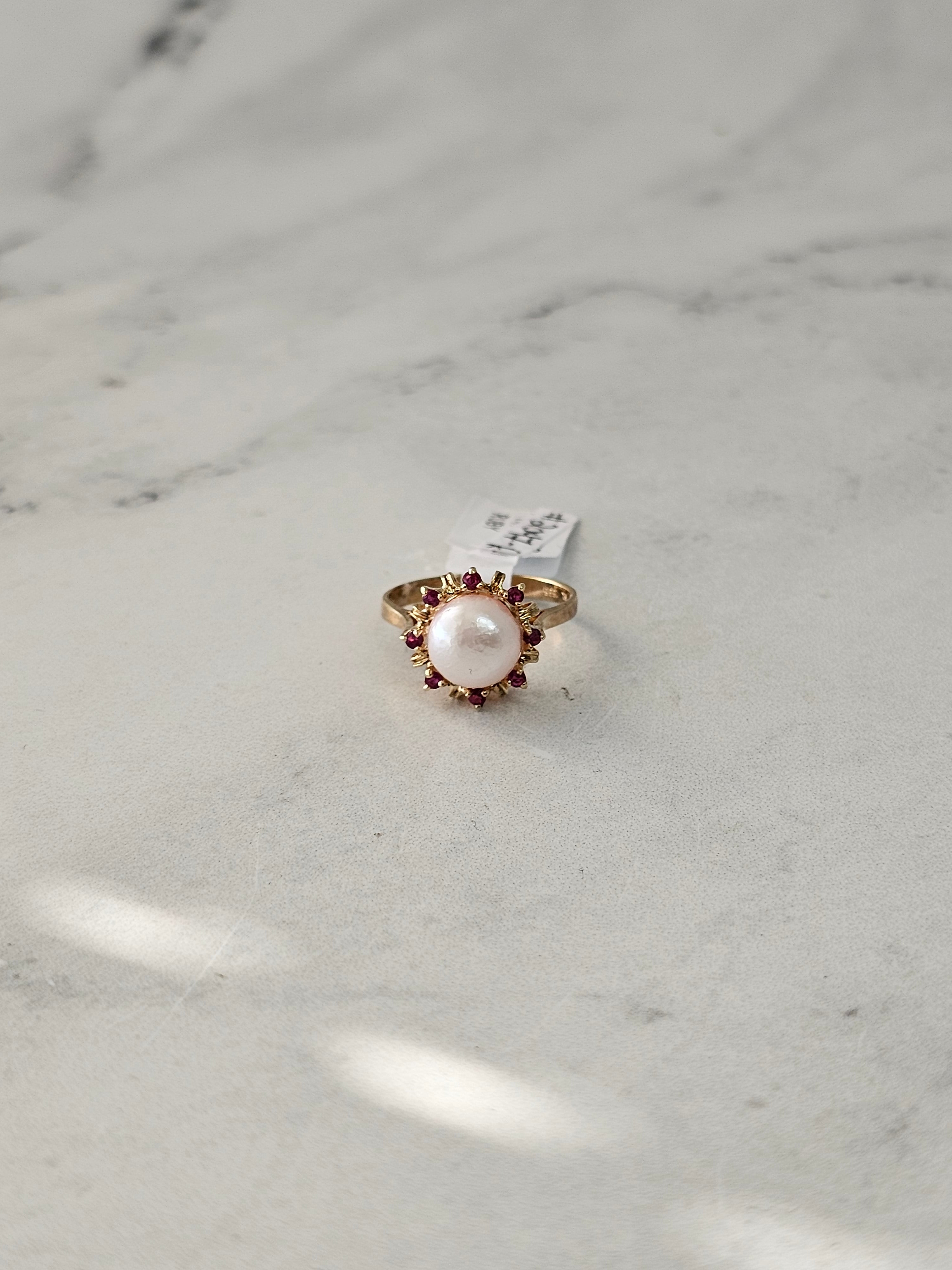 8MM Genuine Pearl Ring with Ruby Halo in 14k Yellow Gold - Elegant Bridal Jewelry & Anniversary Gift for Women