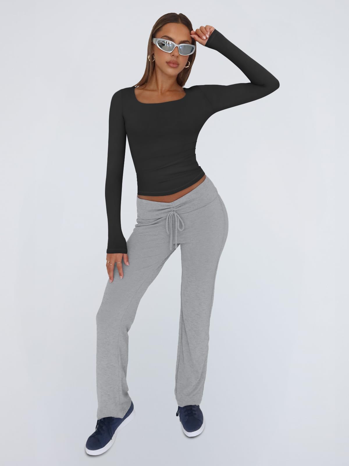 Trendy Queen Women's Long Sleeve Crop Top Square Neck Y2K Winter Tee - Casual Going Out Shirts for Women 2025 | Perfect for Winter Layering, Streetwear Fashion & Night Outfits