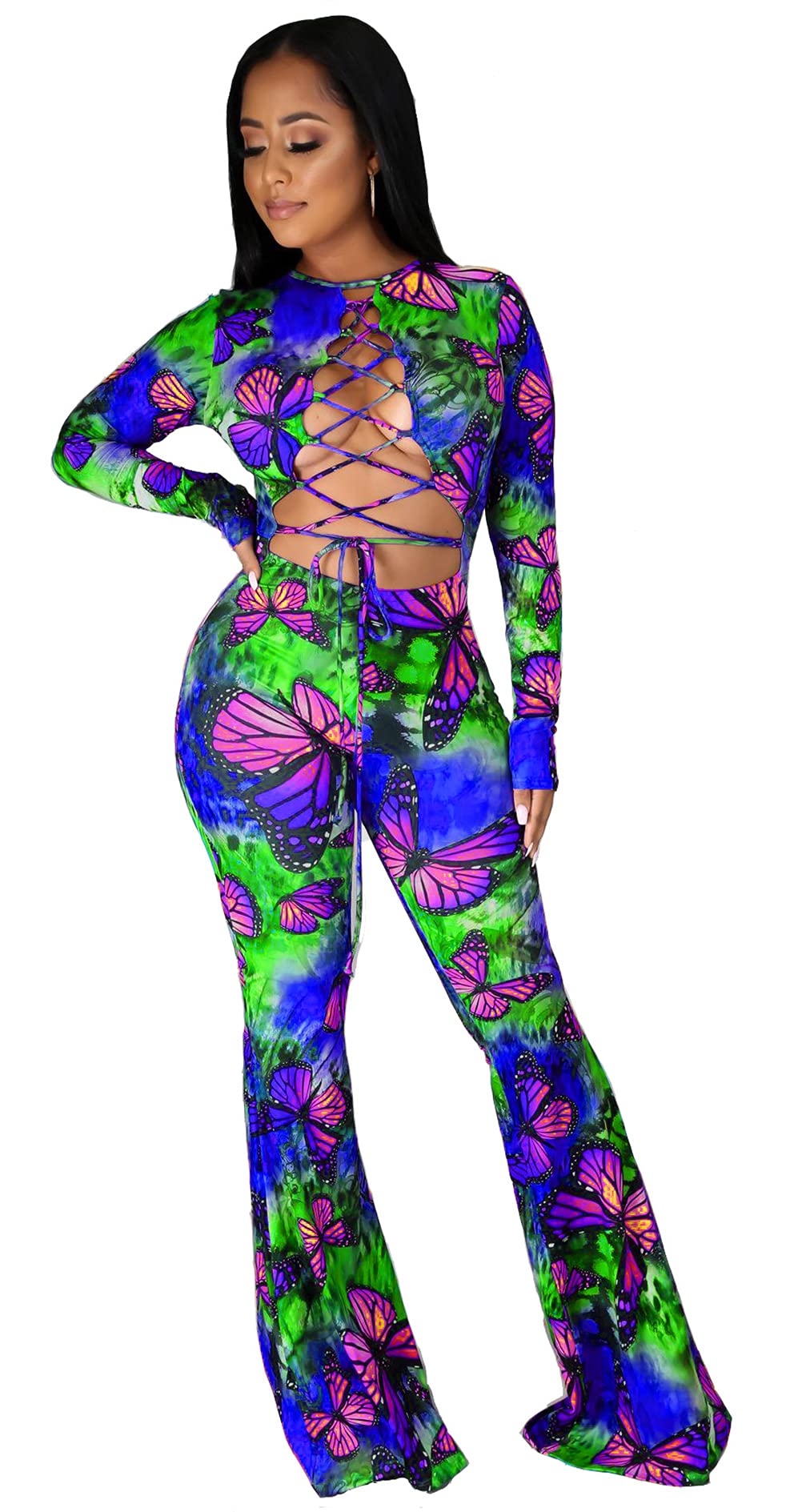 Sexy Long Sleeve Butterfly Print Lace Up Strappy Hollow Out Jumpsuit for Women - Nightclub Outfit, Party Romper, Date Night Fashion, Halloween Costume