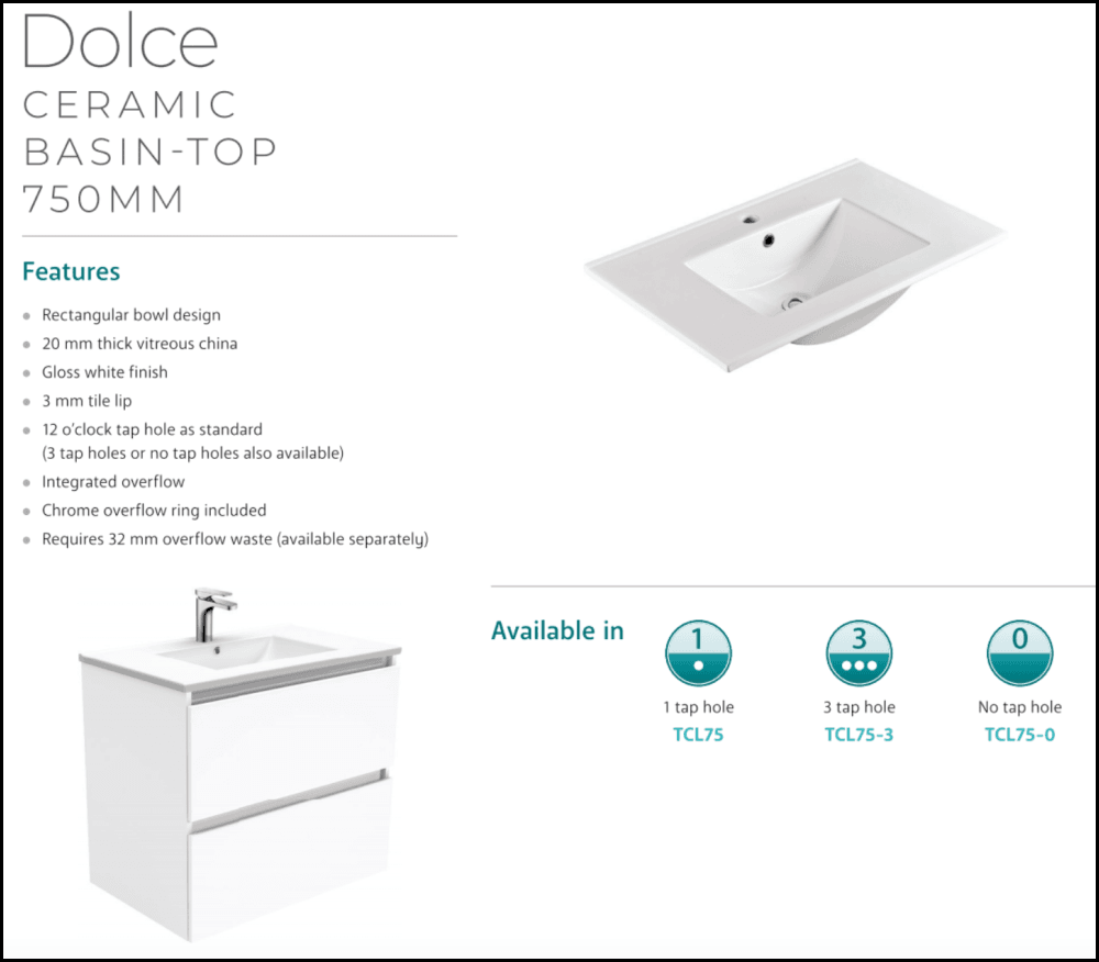 Fienza Dolce Ceramic 30-inch White Wall Mount Bathroom Vanity with Left Hand Drawers and Handles - Perfect for Modern Small Bathroom Remodeling and Space Saving Design
