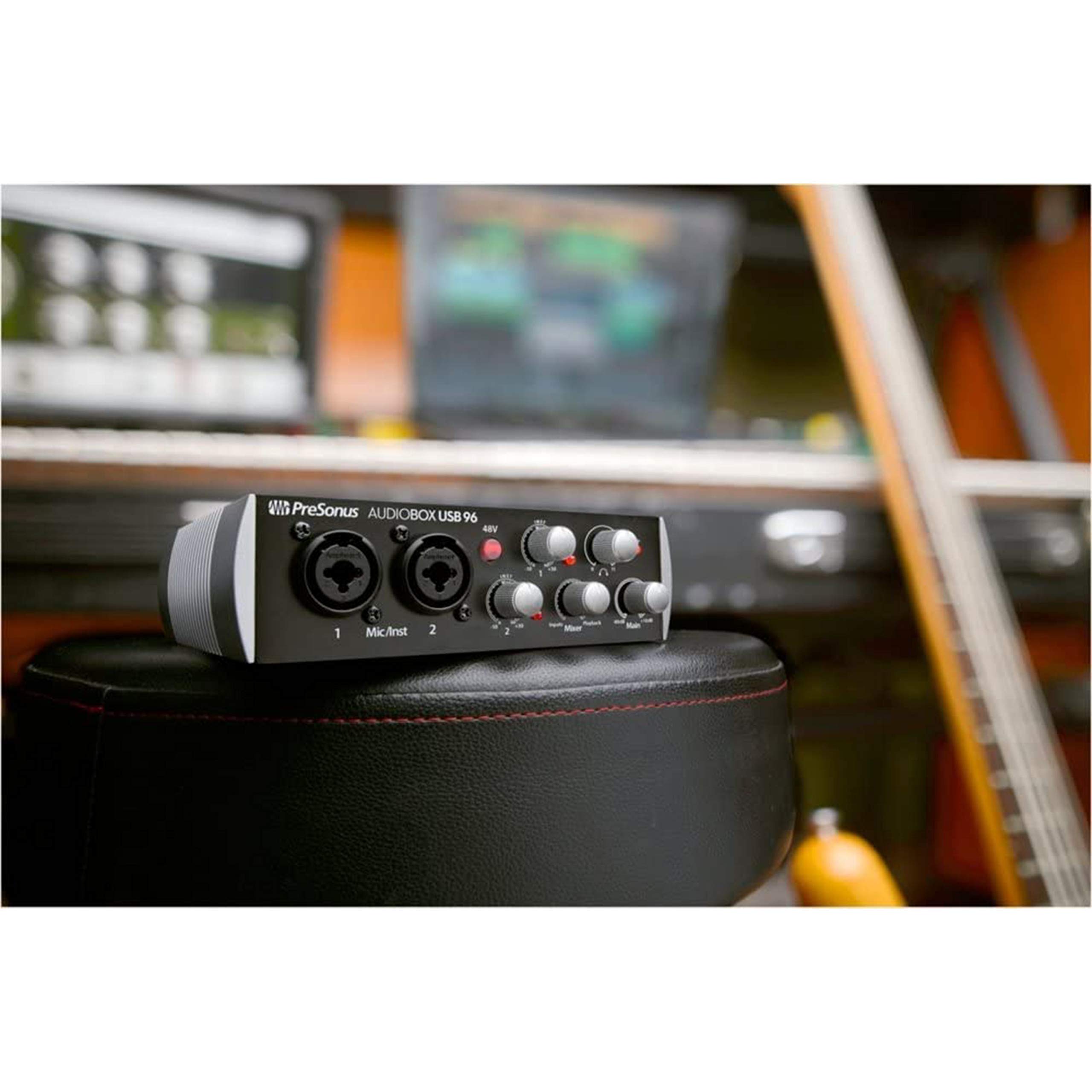 PreSonus AudioBox USB 96 Digital Audio Interface with 96kHz Converters - USB Bus-Powered, Class A MIC/LINE/Instrument Preamps - Includes Gravity Phone Holder & XLR Cables (Black) - Perfect for Home Recording, Podcasting & Music Production