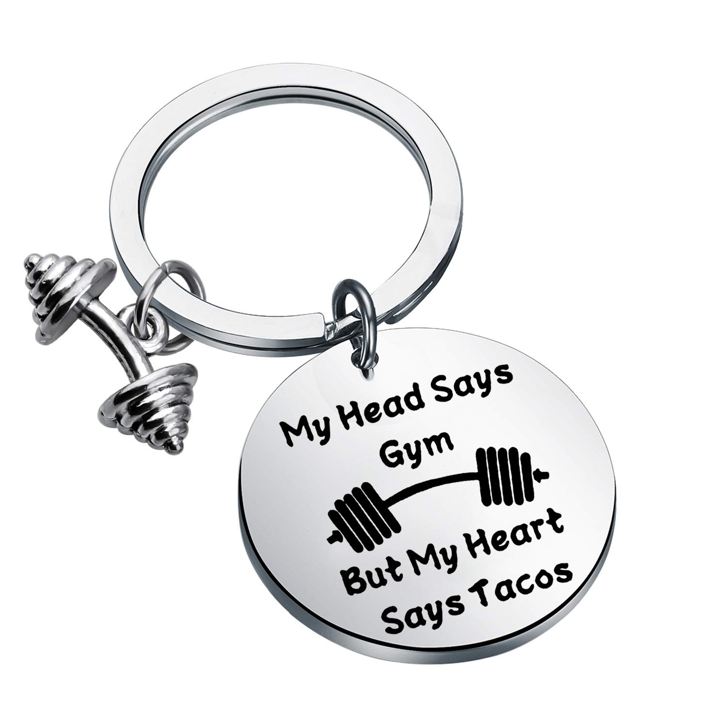 BEKECH Gym Keychain - My Head Says Gym But My Heart Says Tacos - Motivational Fitness Jewelry for Workouts, Gifts & Gym Lovers