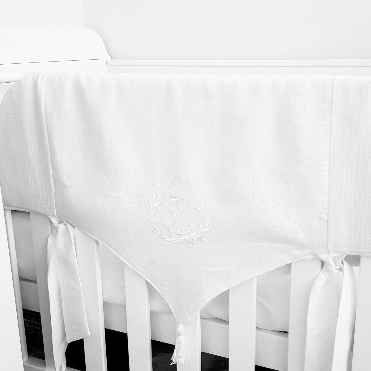 Embroidered Crown Monogram Tassel Linen Crib Rail Cover - Soft Baby Crib Bumper Protector for Nursery Decor & Infant Safety