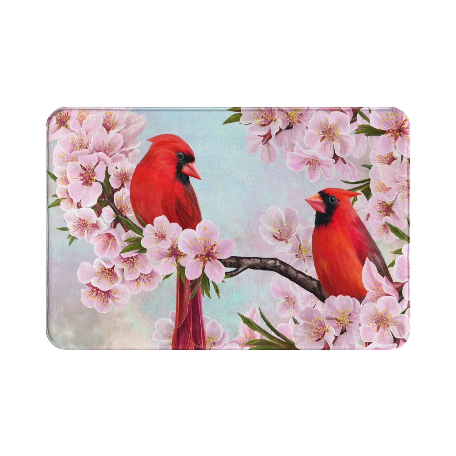 Non-Slip Absorbent Bath Rugs - Peach Blossom Red Cardinal Bird Design | Indoor/Outdoor Doormat for Home Entrance, Kitchen & Bathroom | Perfect for Wet Areas, High Traffic Zones & Decorative Floor Covering