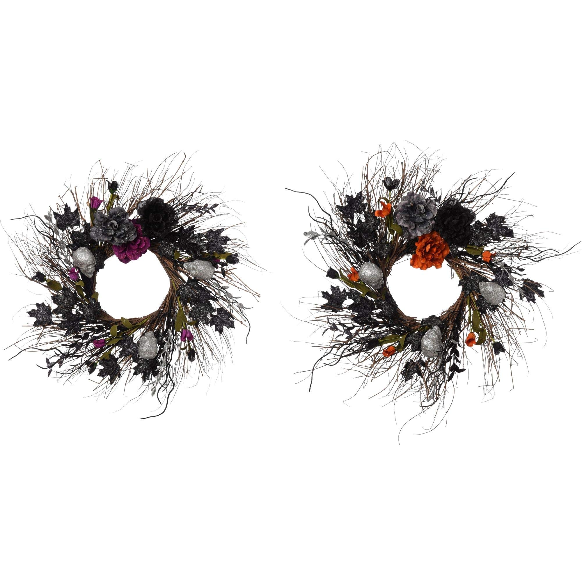 Set of 2 Black & Grey Plastic Halloween Skull & Flower Wreaths - 24 Inch Contemporary Home Decor for Doors, Walls & Halloween Party Decorations