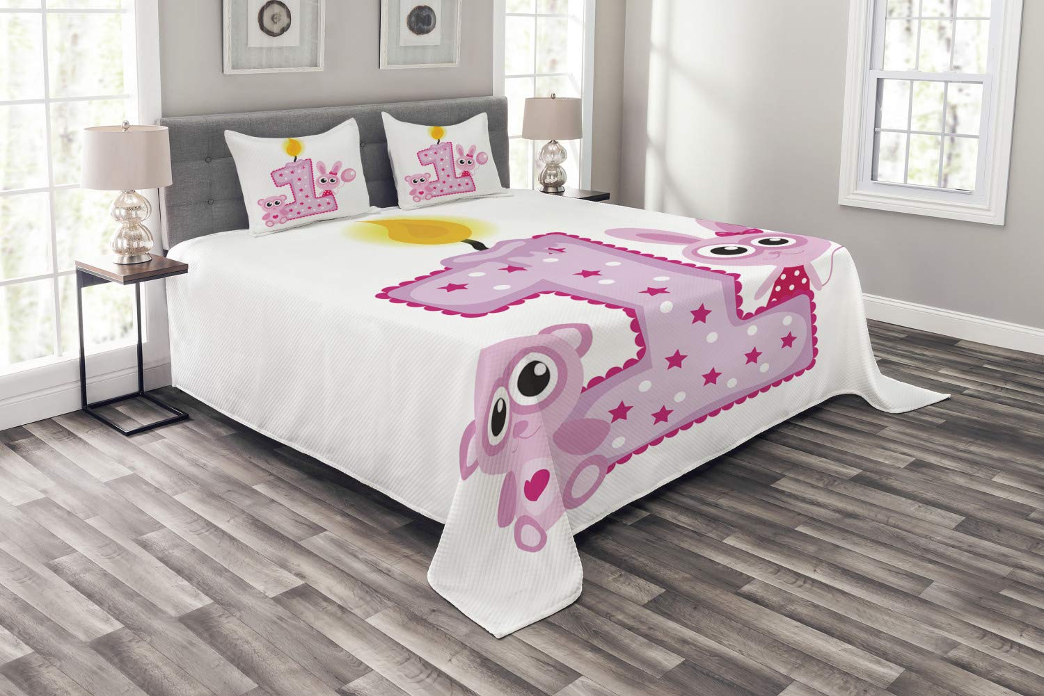 Ambesonne 1st Birthday Bedspread Set for Girls - King Size 3-Piece Bedding with Bunny & Bear Design in Hot Pink & Lilac | Perfect for Baby's First Birthday Party Decorations & Nursery Room Decor