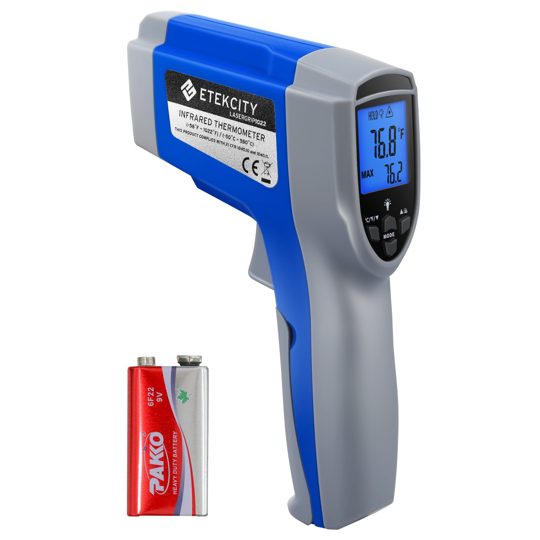 Etekcity Infrared Thermometer Gun -58°F to 1022°F (-50°C to 550°C) with Adjustable Emissivity, Non-Contact Digital Laser Temperature Gun for Cooking, HVAC, Automotive, Industrial Use - Perfect for Grilling, Meat, Refrigerator, Pool and Oven Temperature Monitoring (Blue)