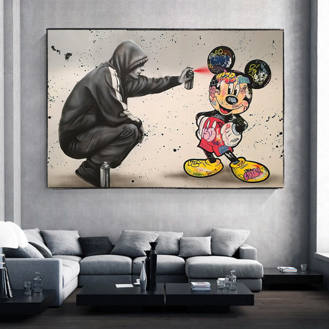 Banksy Mickey Mouse Spray Painted Canvas Wall Art - Urban Street Art Print for Modern Home & Office Decor | Perfect for Living Room, Bedroom & Studio Wall Display