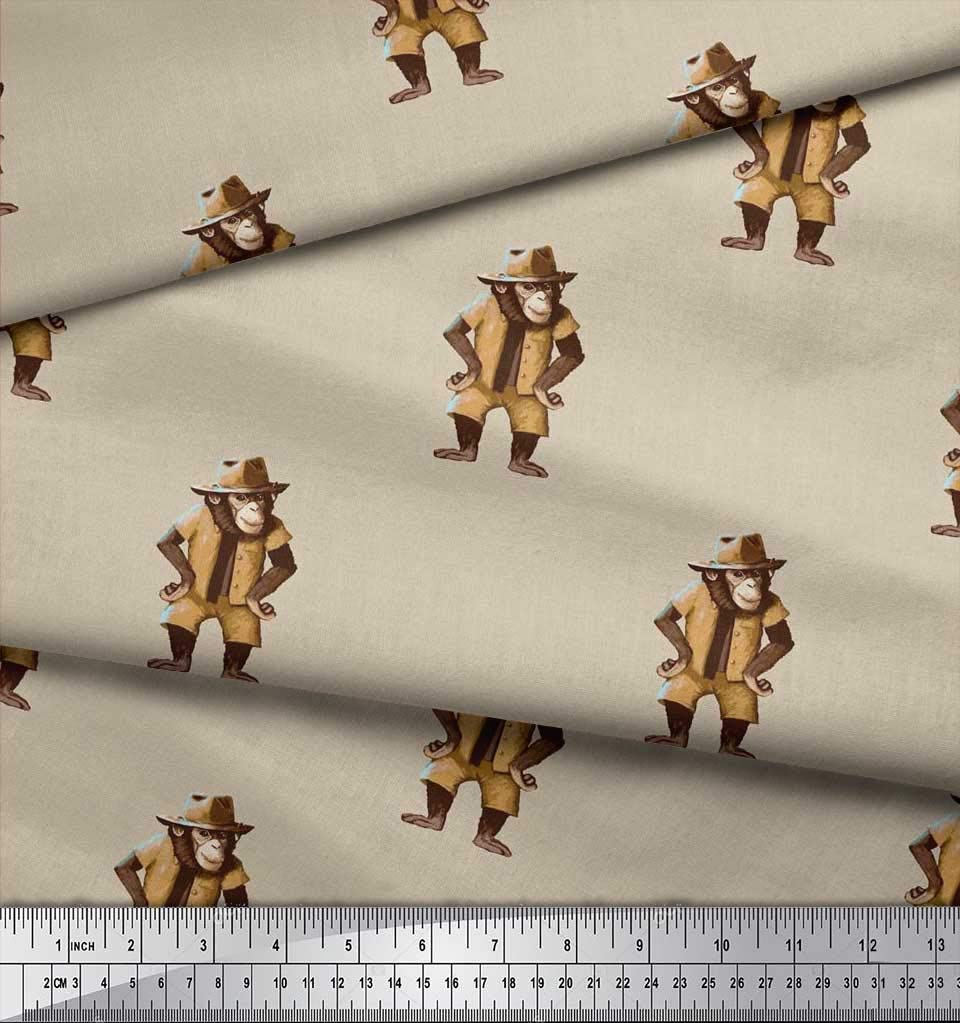 Soimoi Poly Georgette Beige Fabric by The Yard - 52 Inch Wide Hat & Monkey Animal Print Fabric for DIY Crafts, Costumes & Home Decor - Playful Whimsical Design with Adorable Monkeys in Hats - Perfect for Sewing Dresses, Scarves & Curtains