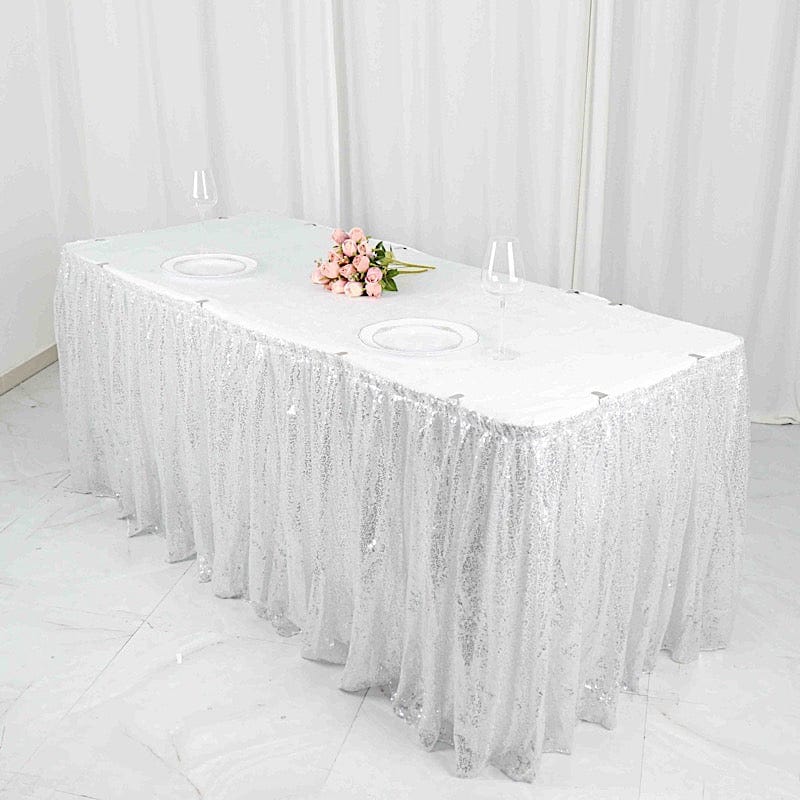 17 ft Sequin Pleated Satin Table Skirt with Closure Strips - Elegant Party Decor for Weddings, Banquets & Special Events
