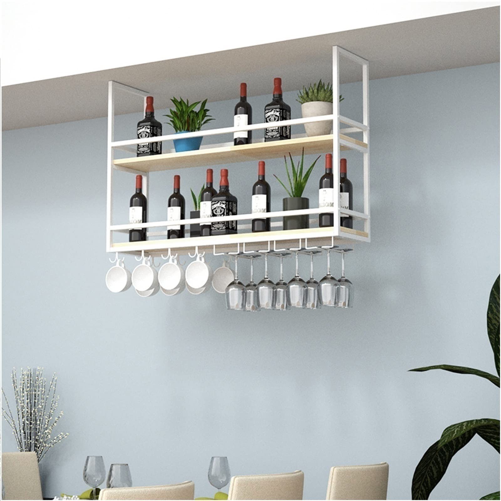 Wrought Iron & Solid Wood Floating Shelf - Wall Mounted Double Wine Rack with Guardrail | Ceiling Hanging Wine Glass Holder | Kitchen, Living Room & Bar Display Stand for Plants & Wine Bottles | Space-Saving Home Decor Organizer