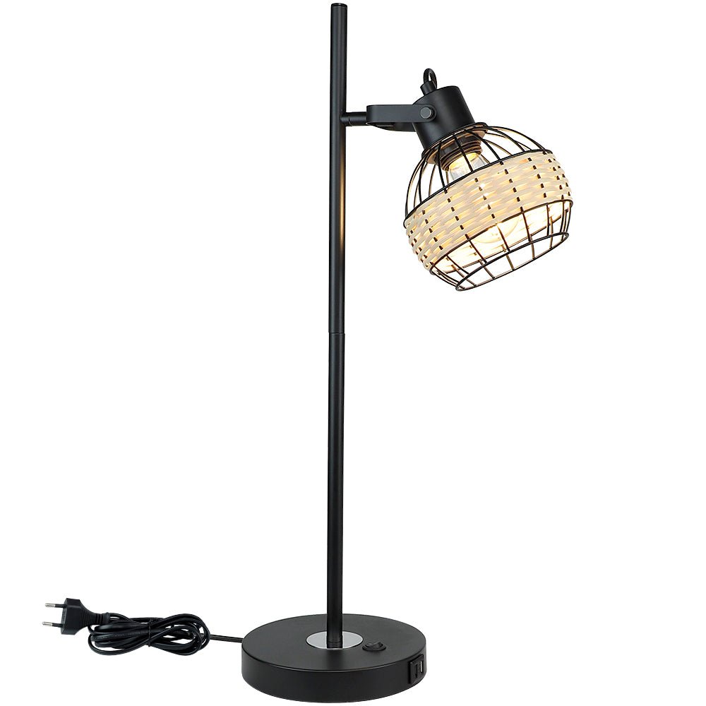 Depuley Industrial Nightstand Lamp with 2 USB Ports & Adjustable Arm - 3000K Warm Light Metal Desk Lamp with Rattan Shade for Bedroom, Living Room, Office & Reading Nook