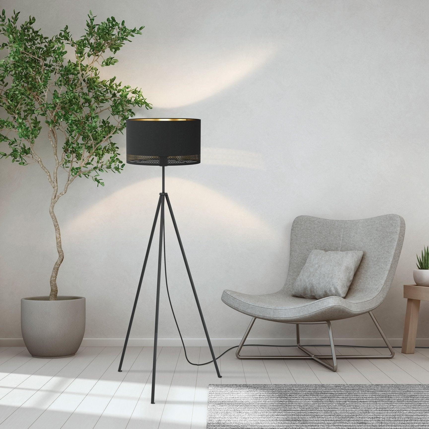 Eglo Esteperra Black Tripod Floor Lamp with Black & Gold Shade - Modern Lighting for Living Room, Bedroom, or Office Decor