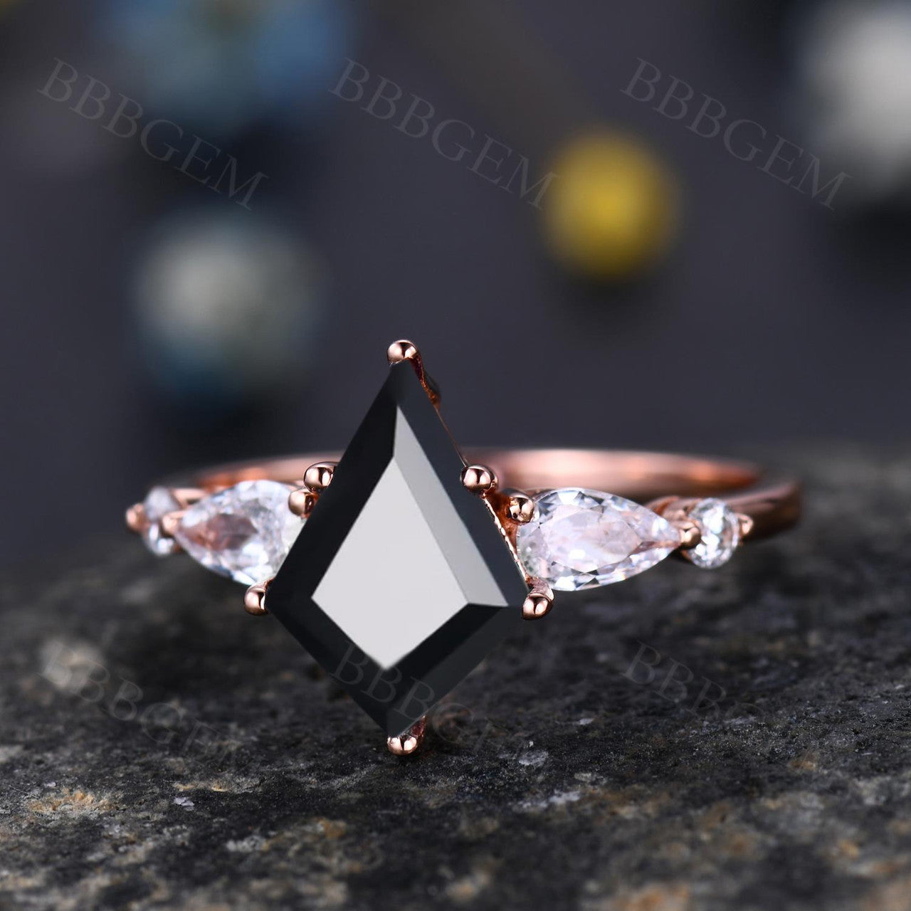 Elegant Lozenge Step Cut Black Onyx Statement Ring with Pear Moissanite Accent - Perfect for Evening Parties, Date Nights & Special Occasions