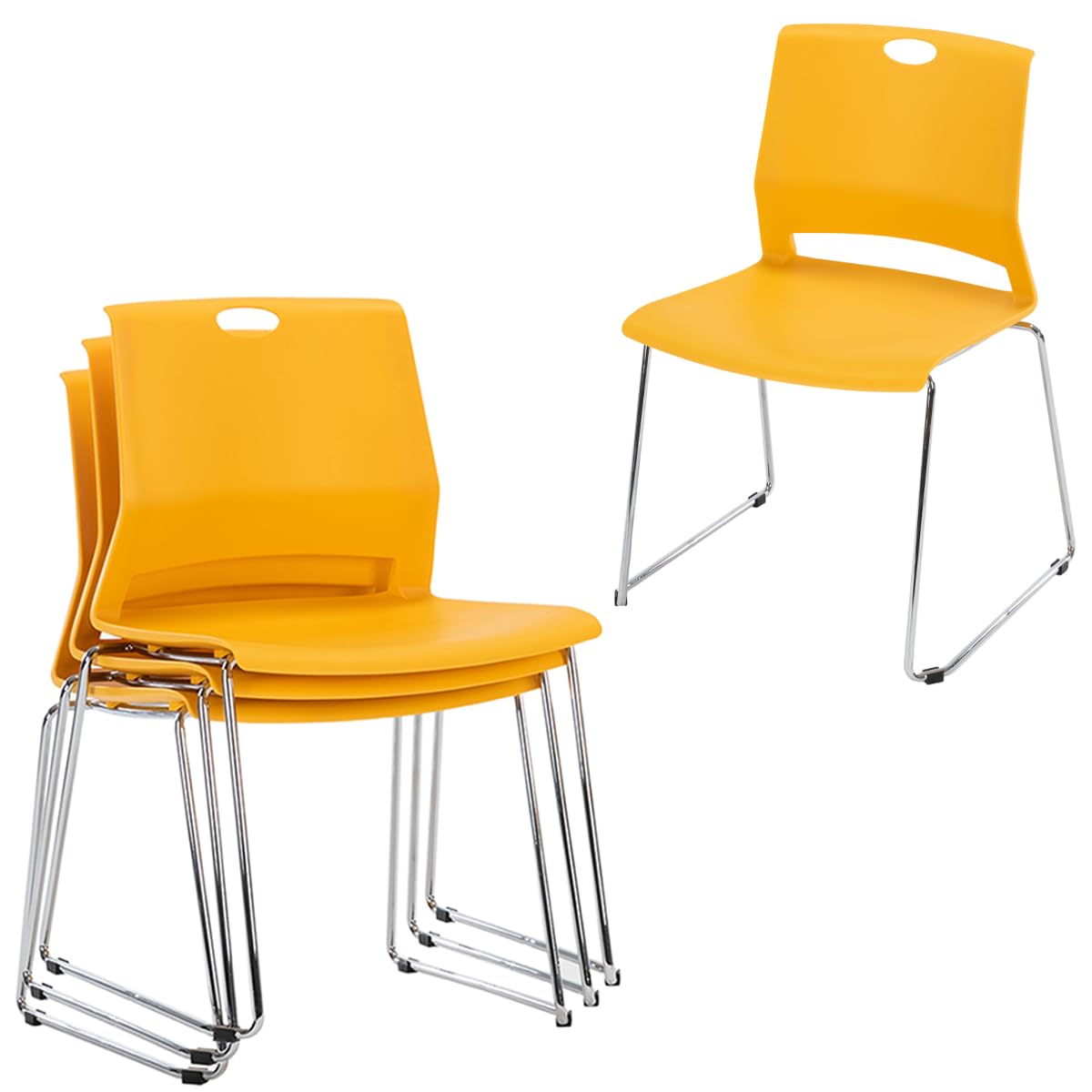 FULONG 4-Pack Stacking Chairs - Heavy Duty Stackable Metal Frame Waiting Room Chairs, Armless Reception Chairs for Office, School, Home, Restaurant (Yellow) - Perfect for Space-Saving Seating in Classrooms, Events & Compact Areas