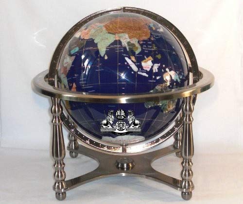 21-Inch Tall Blue Lapis Ocean Gemstone World Globe with Silver Stand - Unique Handcrafted Art Piece for Home, Office Decor & Gift Giving