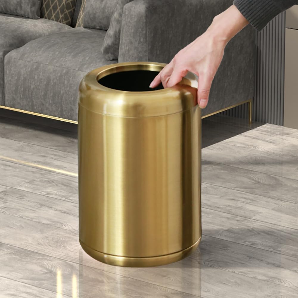 8L/2.1 Gallon Brushed Nickel Gold Trash Can - Small Brass Waste Bin for Bathroom, Powder Room, Bedroom & Office - Elegant Gold Garbage Can for Home & Office Decor (Gold) | Perfect for Bathroom Vanity, Bedside, Desk & Living Room Spaces