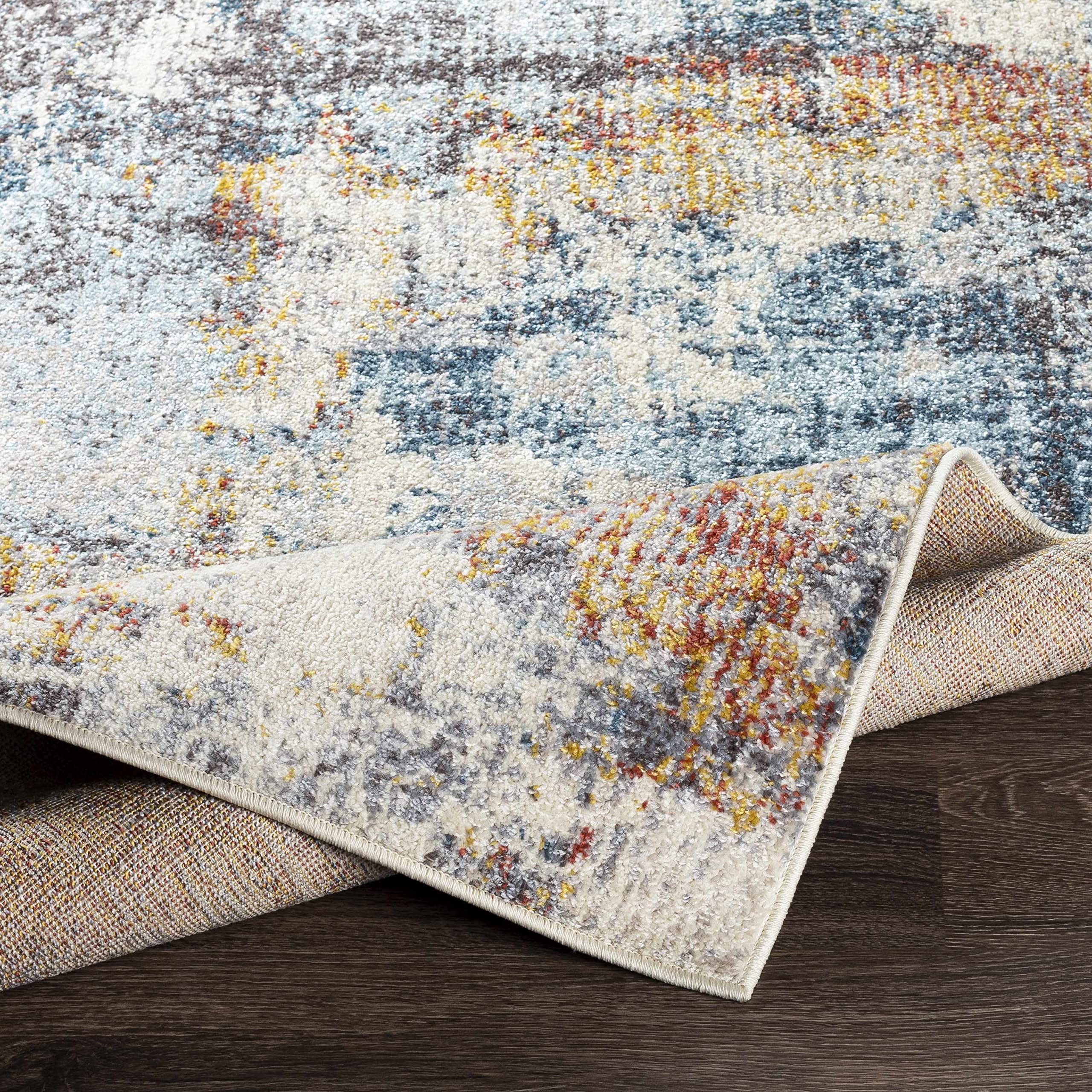 Modern Hauteloom Cofield Area Rug for Living Room & Bedroom - Soft Gray, Blue, Red Design - 6'7