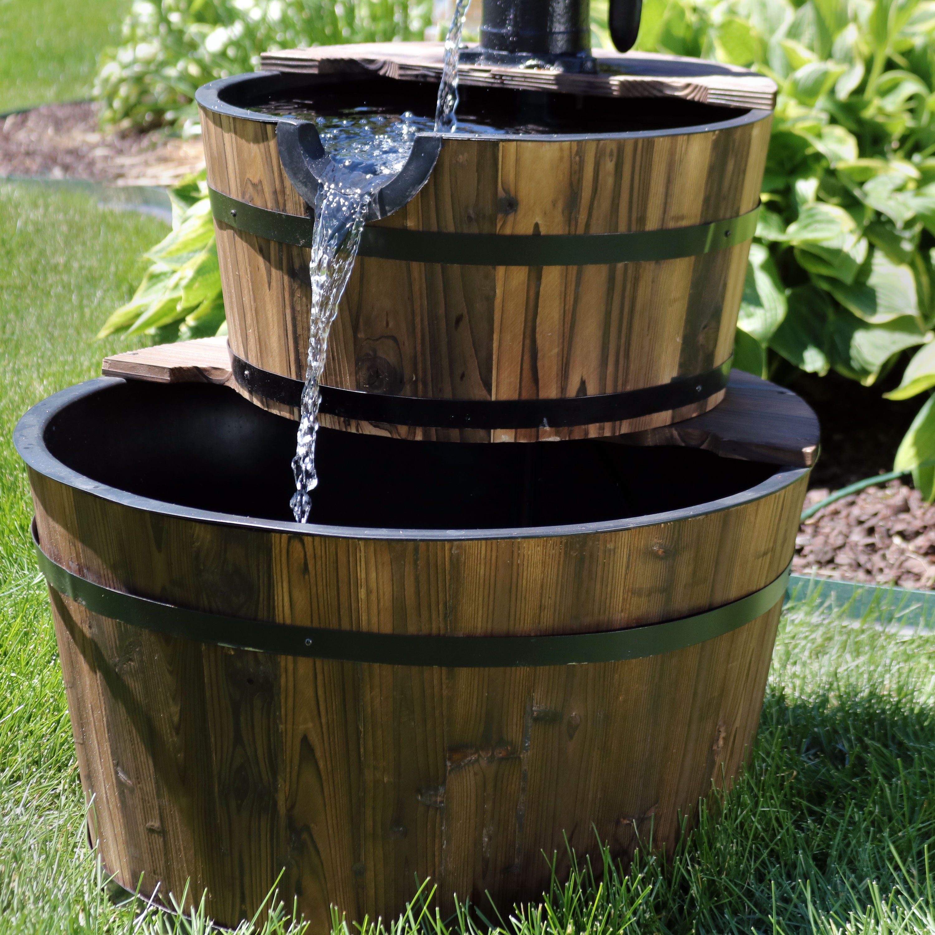 Rustic 2-Tier Wood Barrel Water Fountain with Hand Pump - Outdoor Garden Decor for Patio, Yard & Landscaping