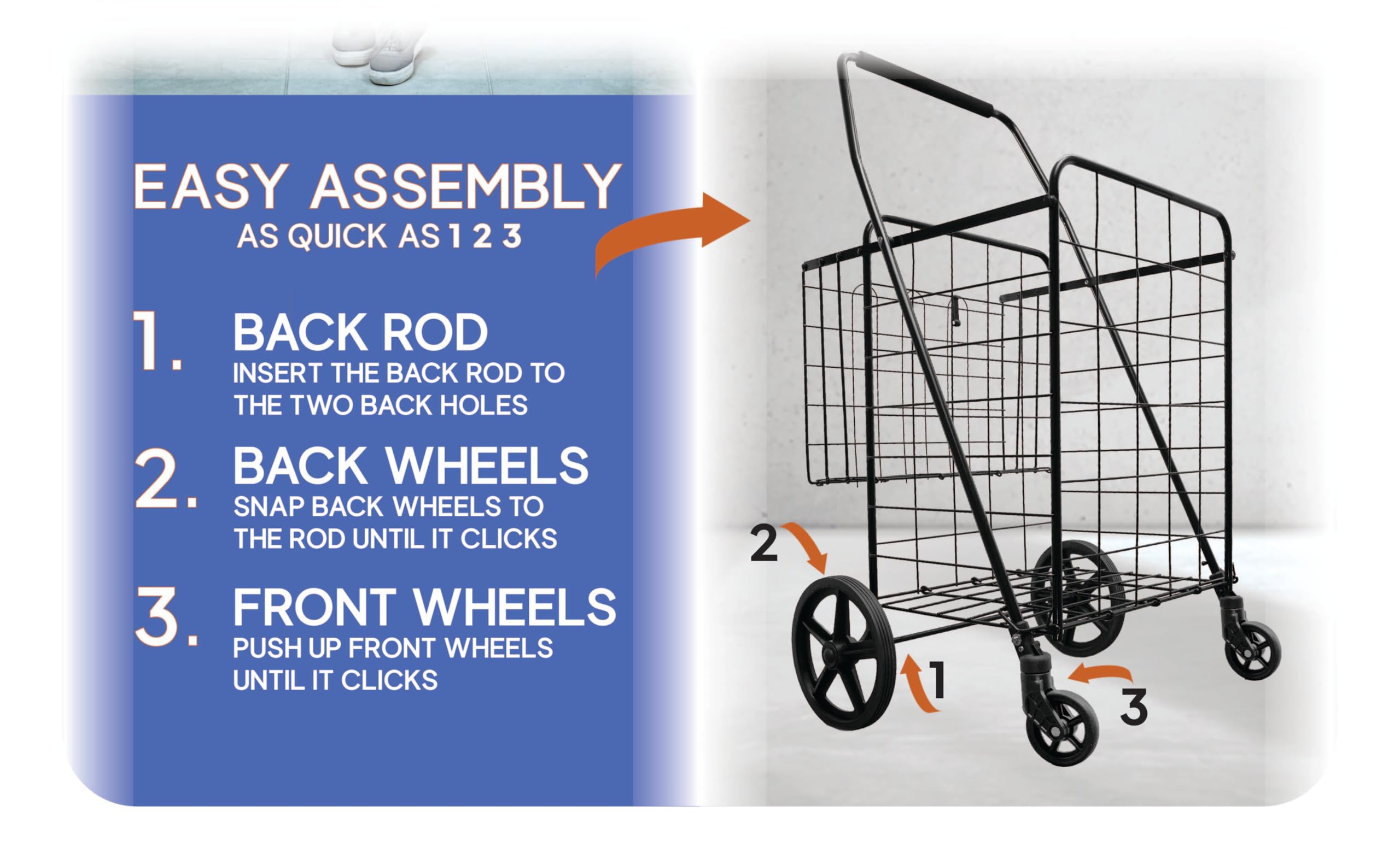 Jumbo XXL Folding Shopping Cart with 360° Swivel Wheels - Heavy-Duty Double Basket Grocery Cart for Supermarket, Laundry & Storage - Black Model S-2777 | Ideal for Seniors, Apartment Dwellers & Bulk Shopping