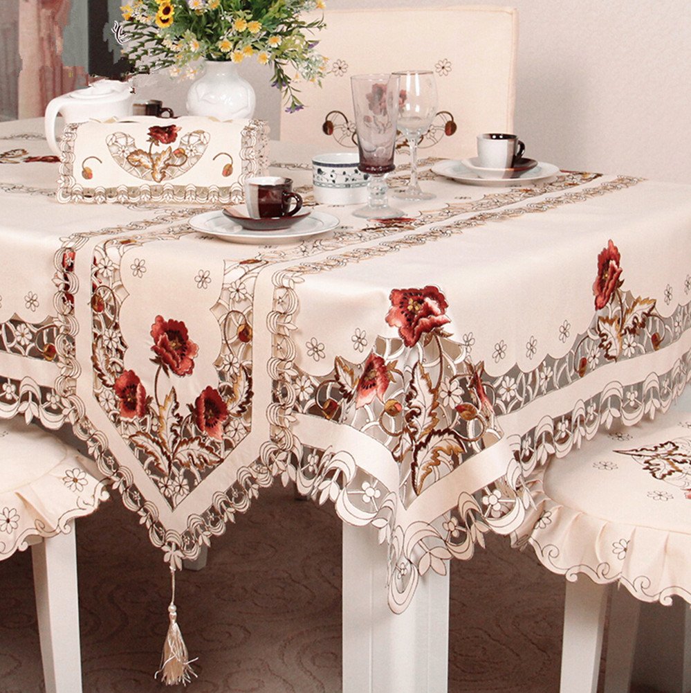 Vintage Floral Embroidered Tablecloth - Brown Rose Lace Table Runner for Dining Table, Nightstand Cover, 43x43 Inch Square - Perfect for Farmhouse Decor, Wedding Centerpiece & Boho Home Accents
