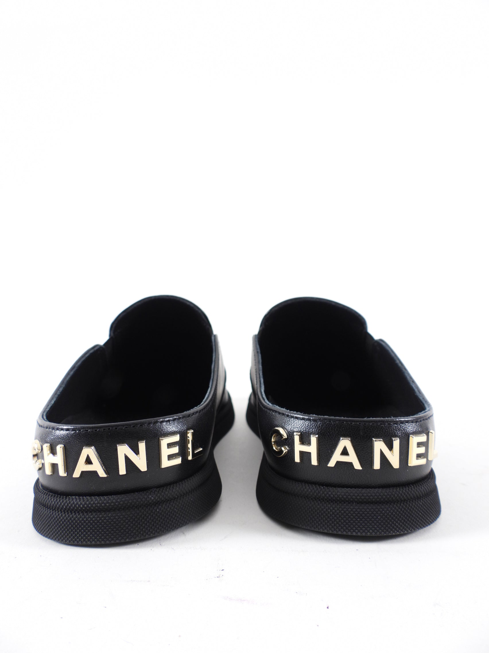 Chanel 2024 Black Leather Signature Logo Flat Mules Women's Size 36.5 - Comfortable Slip-On Shoes for Casual Wear & Office Outfits