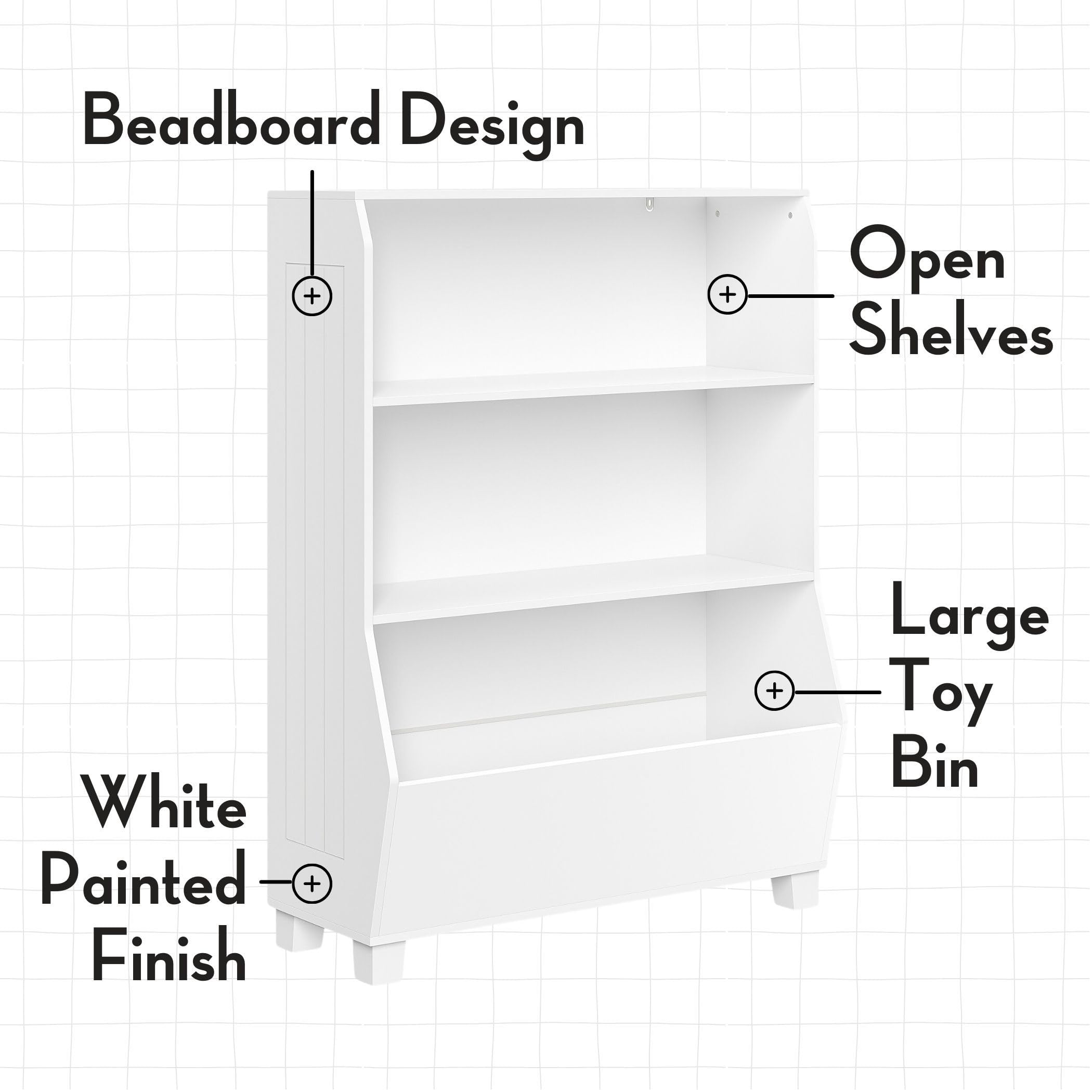 RiverRidge Kids Bookshelf with Toy Storage Organizer - 2 Open Shelves & 2 Gray Fabric Bins - Space Saving Bookcase for Children's Books, Toys, Games & Puzzles - Perfect for Bedroom, Playroom & Nursery Organization