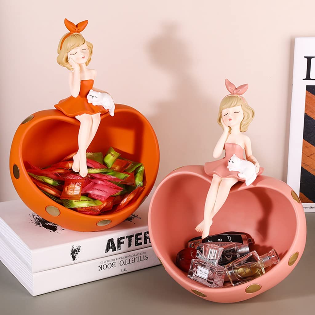 Stylish Resin Key Storage Box & Blowing Bubbles Girl Figurine - Entryway Organizer & Home Office Decor (Orange) | Perfect for Keys, Jewelry & Entry Table Organization
