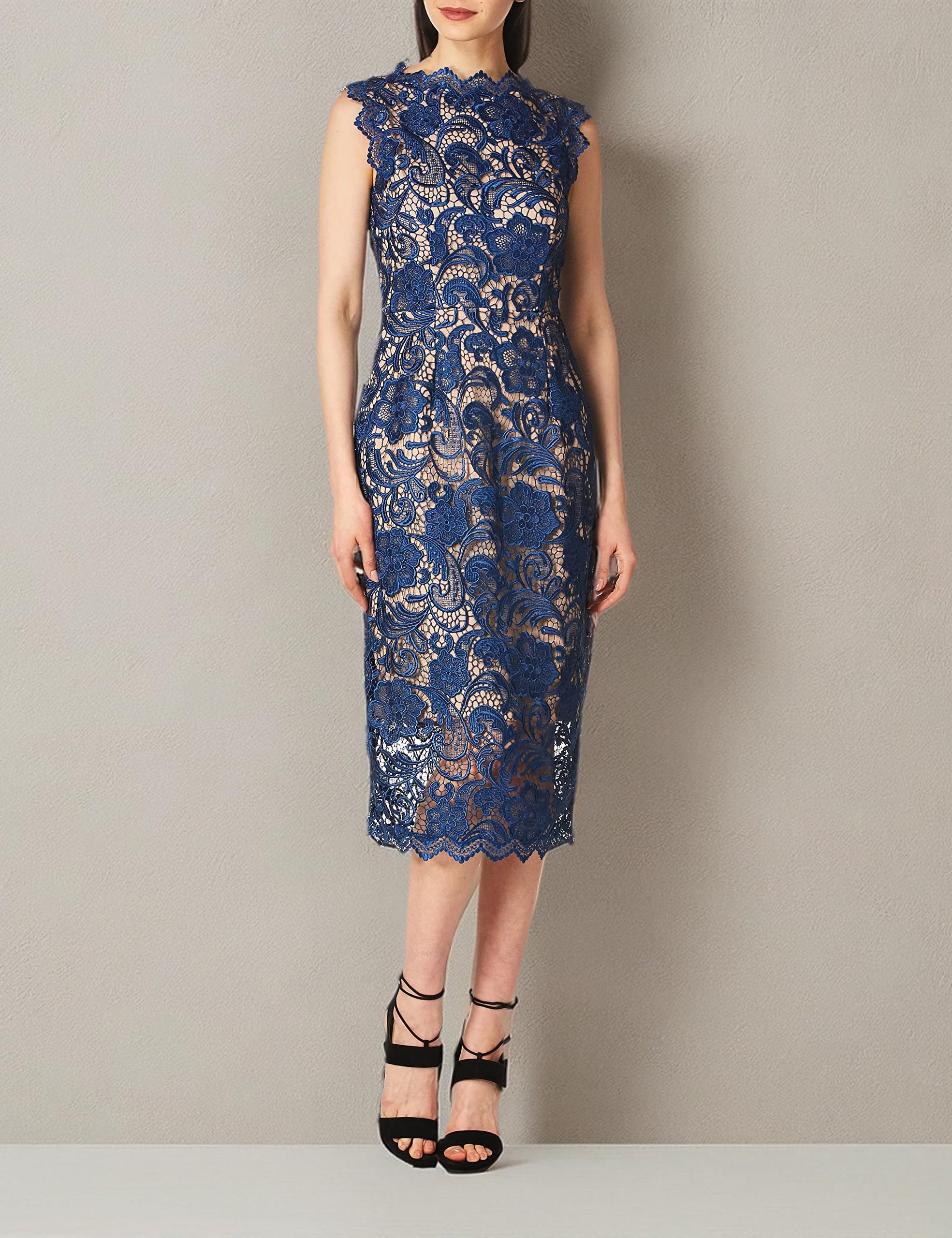 Dress the Population Women's Claudette Lace Sheath Midi Dress - Elegant Formal & Wedding Guest Dress for Cocktail Parties, Evening Events