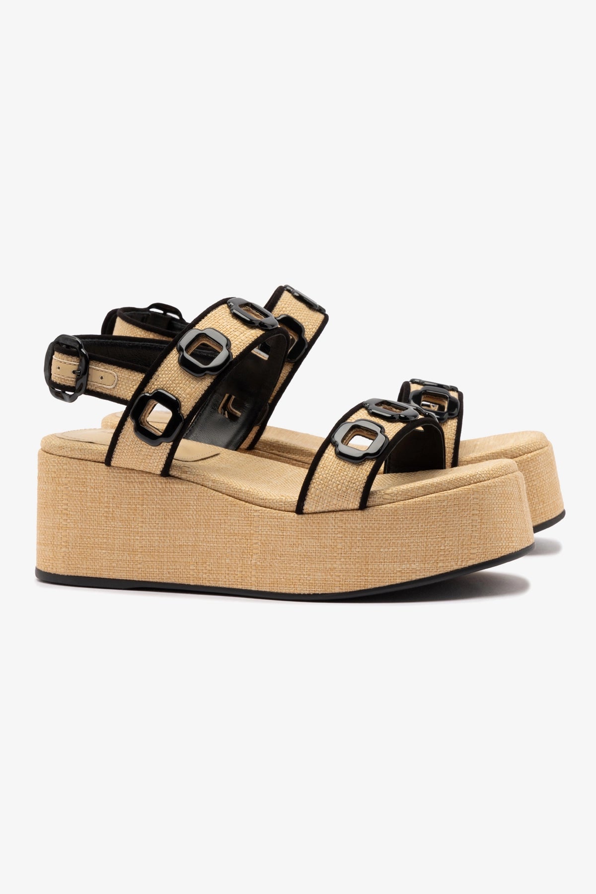 Milan Platform Sandals in Beige Raffia with Black Trim - Comfortable Summer Beach Shoes for Women | Perfect for Vacations, Weddings & Casual Outings